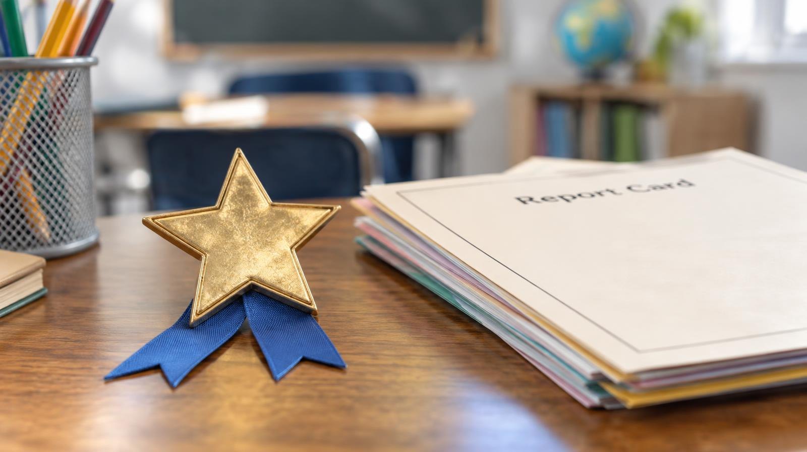 Gold star award ribbon on a wooden desk beside a stack of papers.