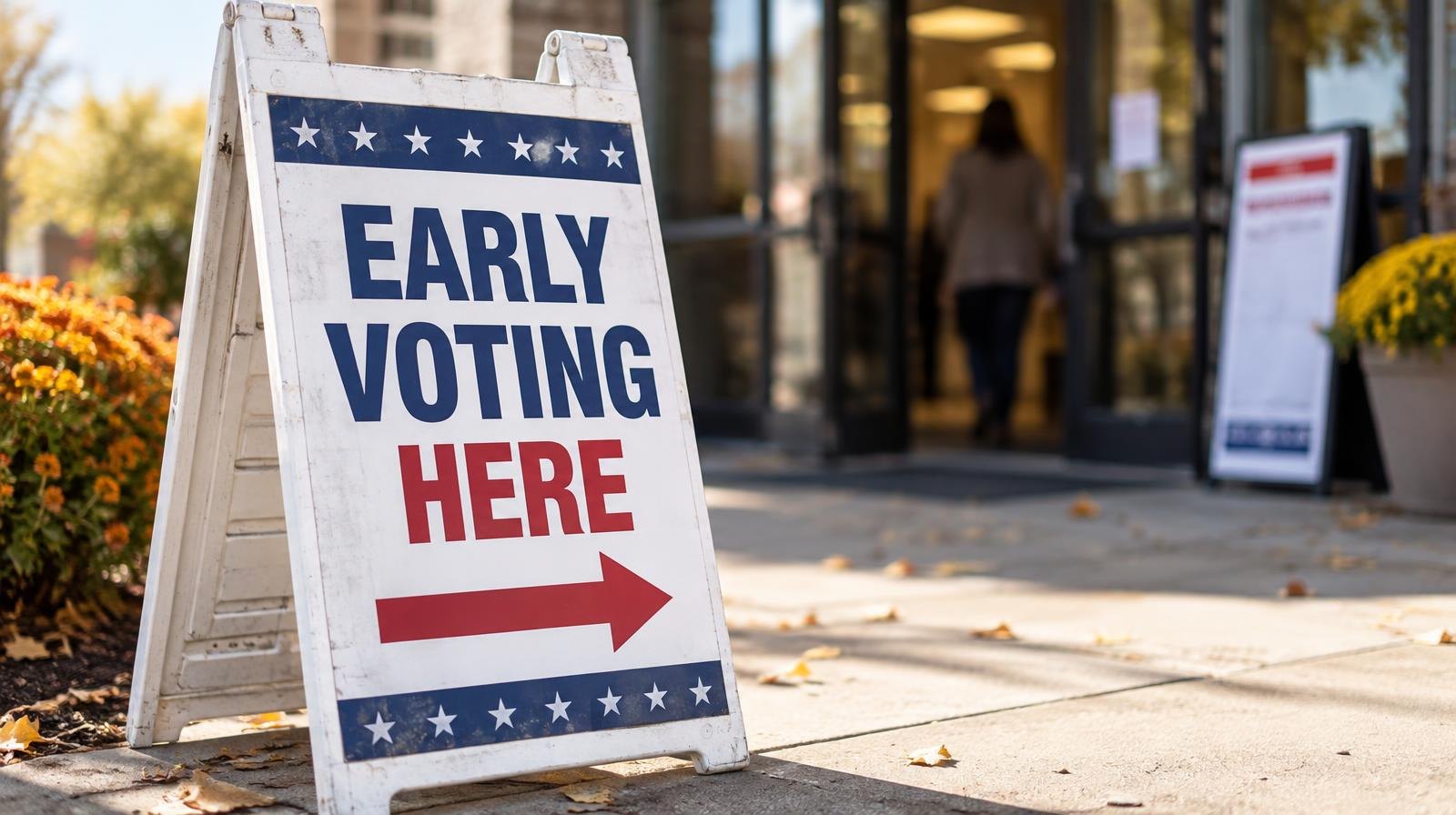 An early voting sign on a sidewalk outside a polling place entrance on a sunny morning.