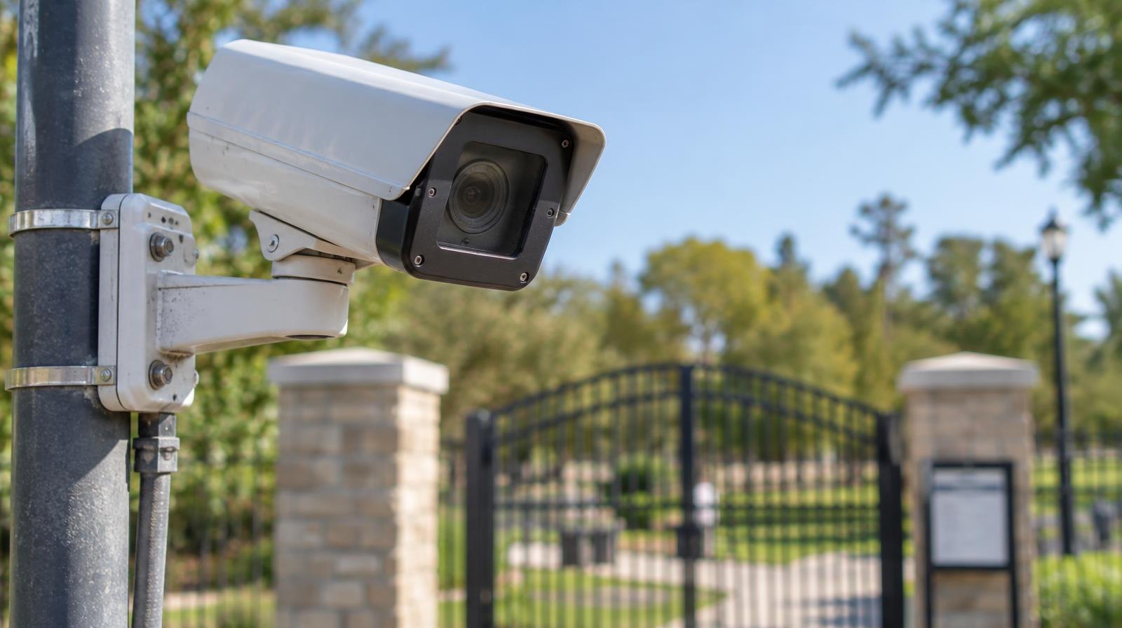 Outdoor security camera on a metal pole aimed at a park entrance gate.