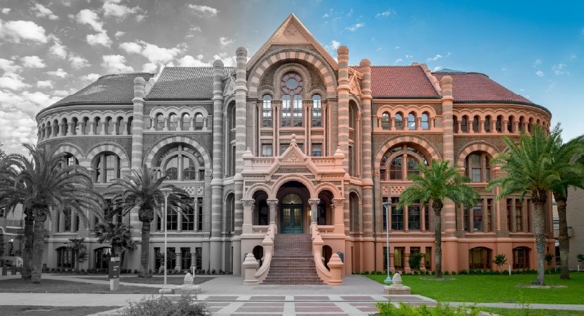 Historic brick building with arched entrance shown split between black-and-white and color.