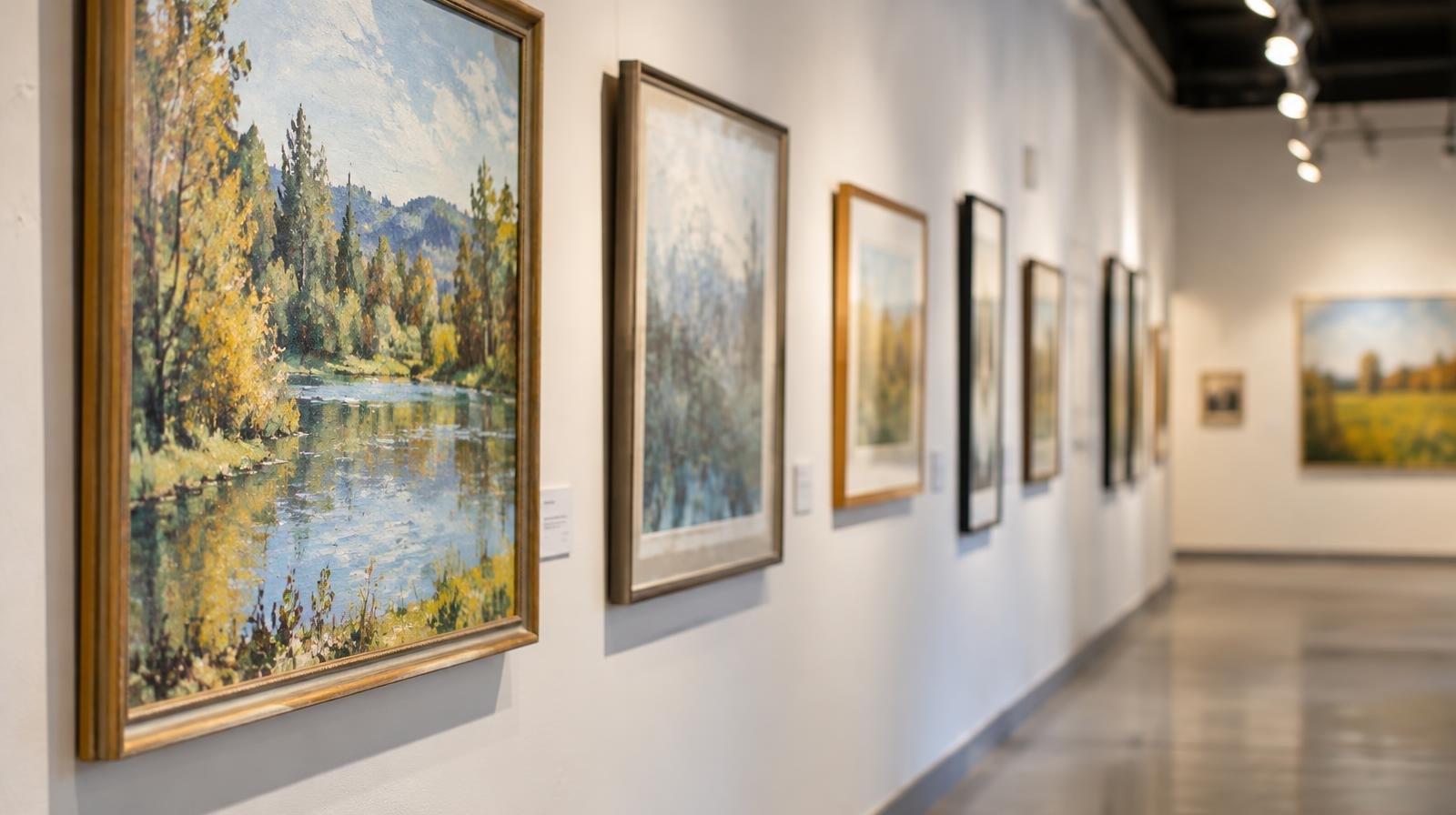 Framed artworks displayed on a white gallery wall under overhead track lighting.