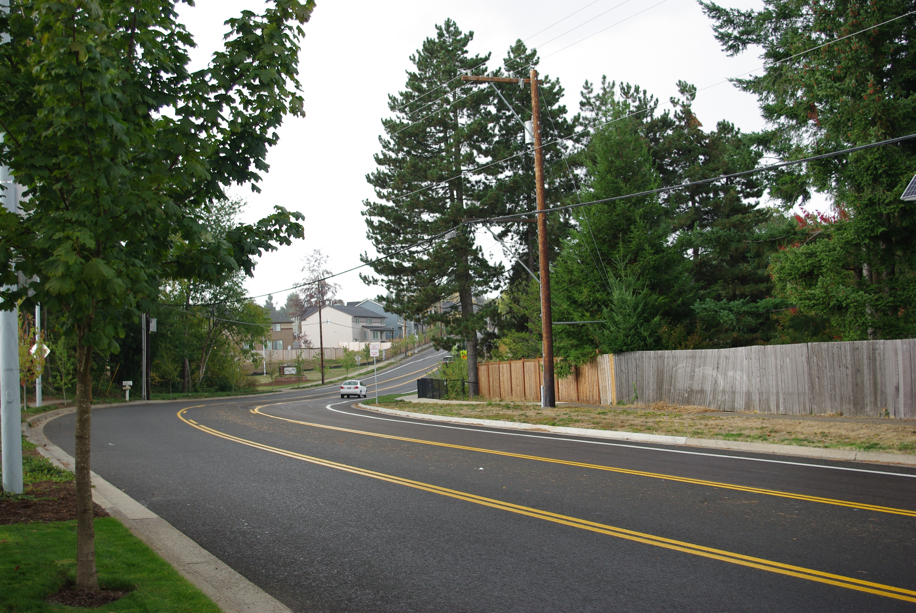 A two-lane road lined with trees and a wooden fence, with homes visible in the background.