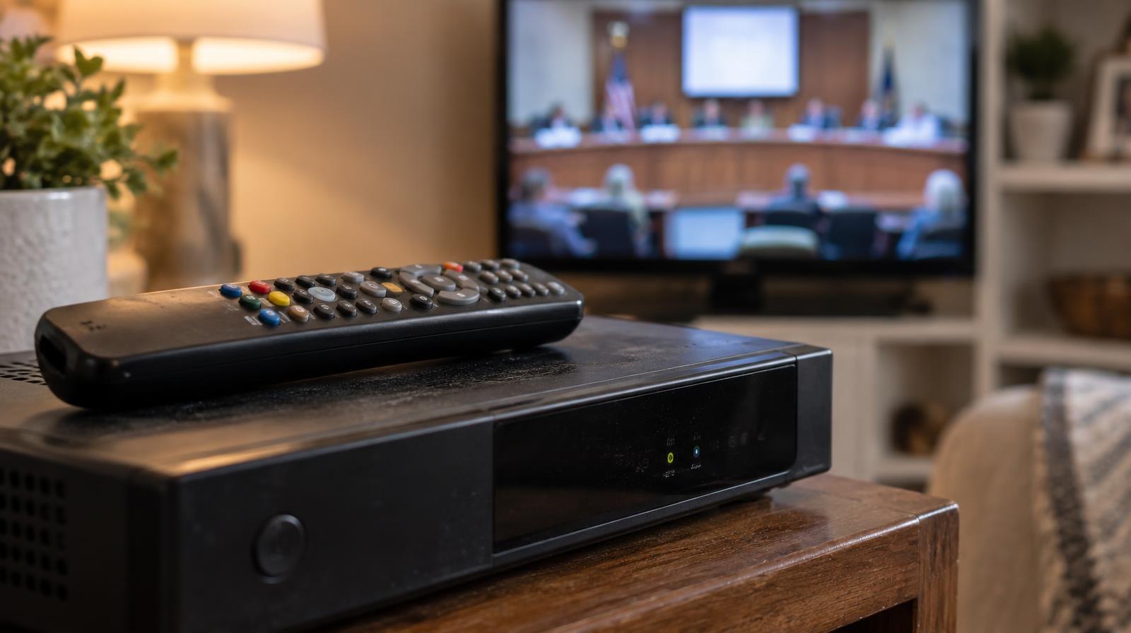 A cable TV remote control resting on a set-top box with a glowing television screen in the background.