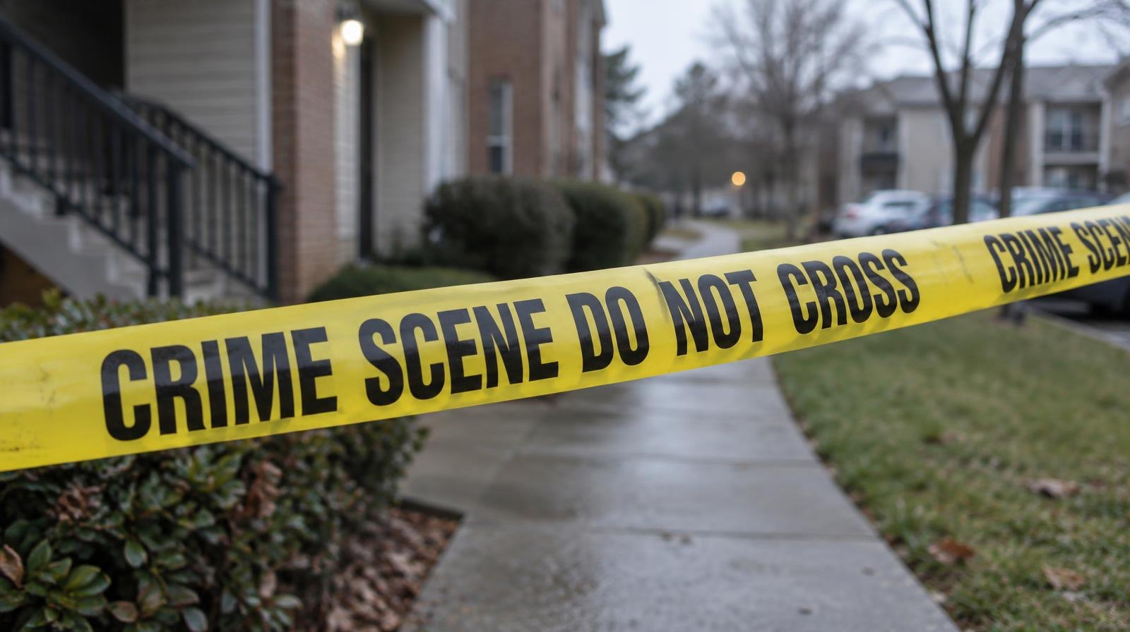 Yellow crime scene tape stretched across an apartment walkway in overcast light.