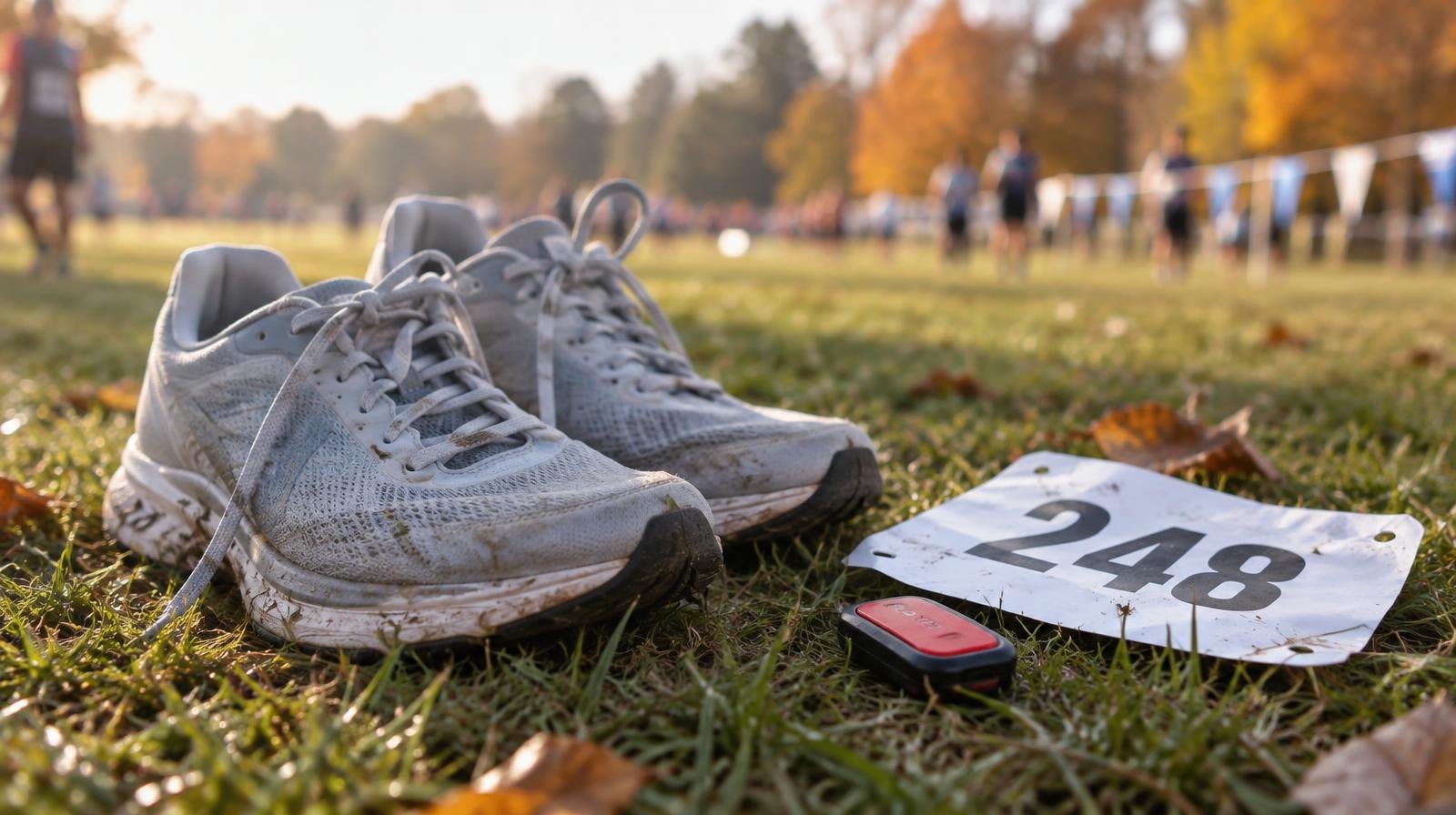 Lightweight running shoes and a race bib on a grassy field.