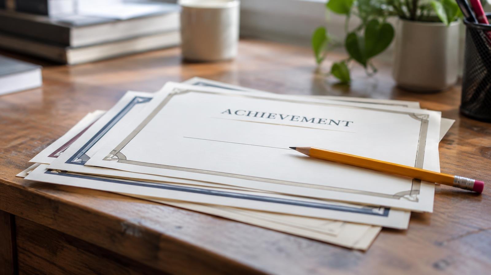 A stack of certificates and a sharpened pencil resting on a wooden desk.