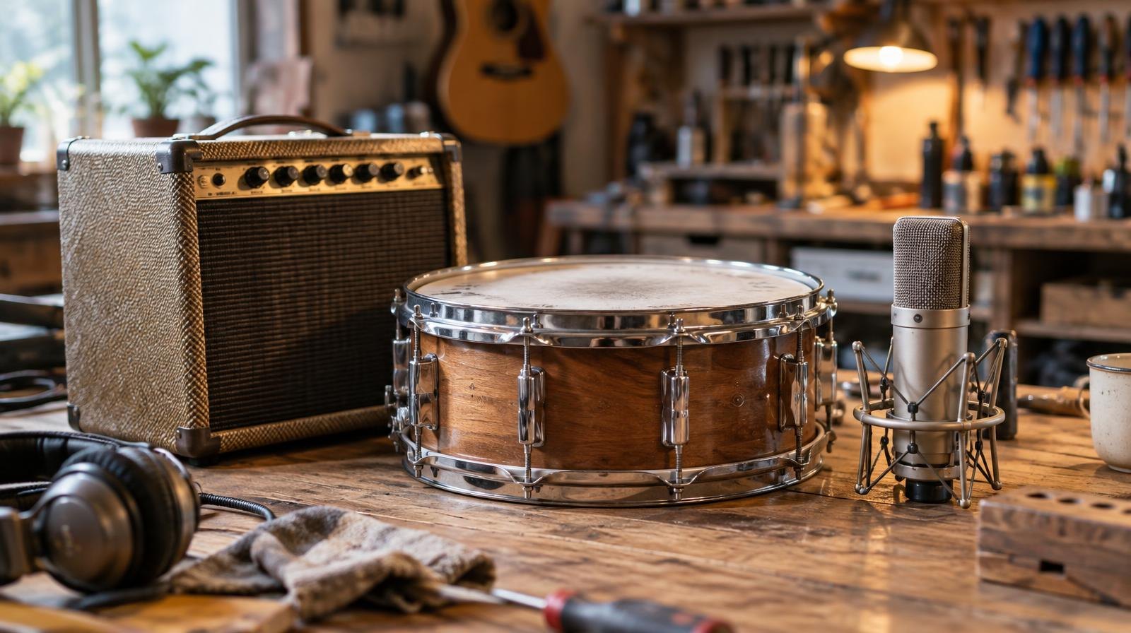 A small amplifier, snare drum, and microphone arranged on a wooden workbench.