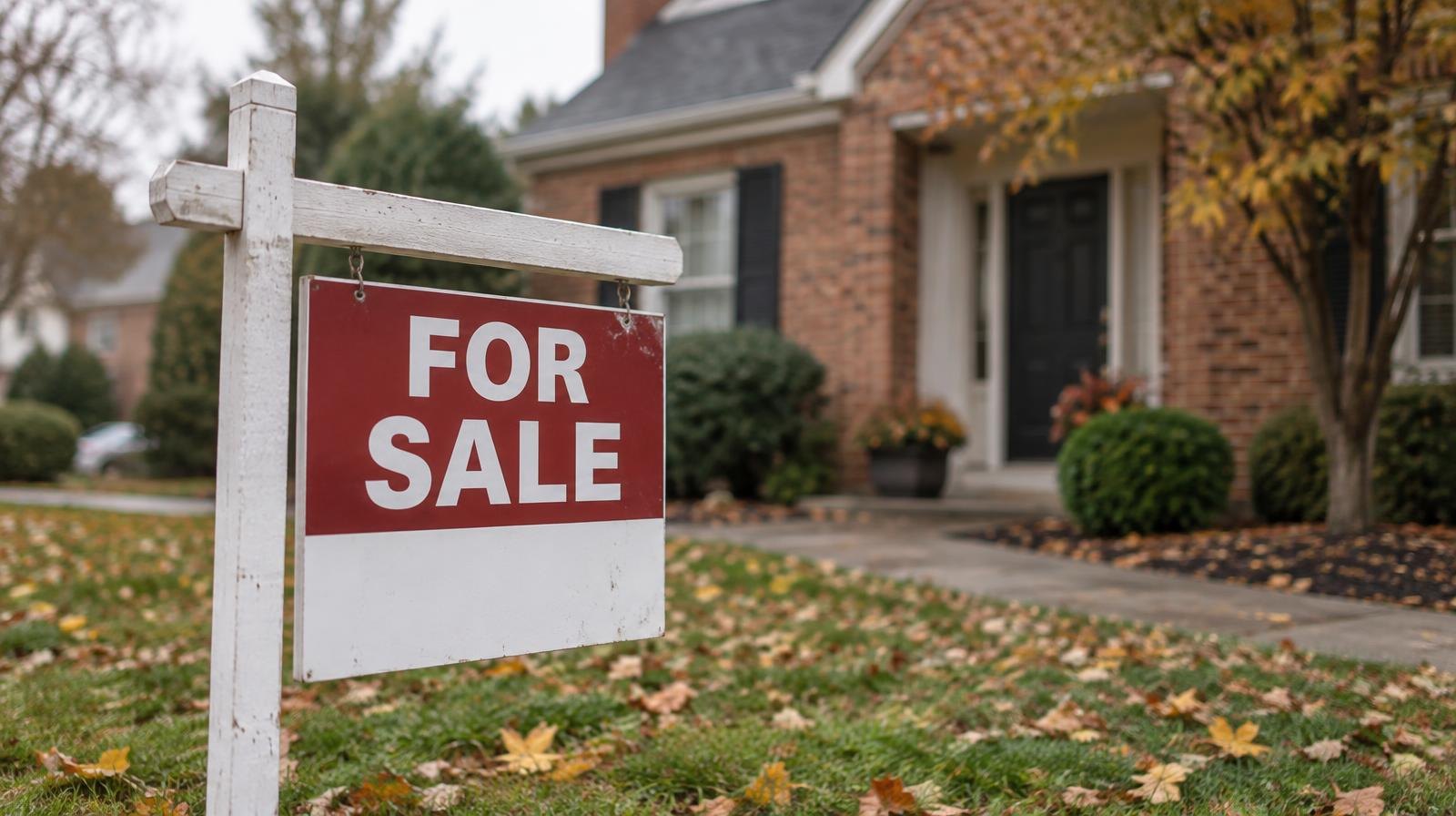 A for-sale sign planted in the lawn of a brick suburban house on an overcast day.