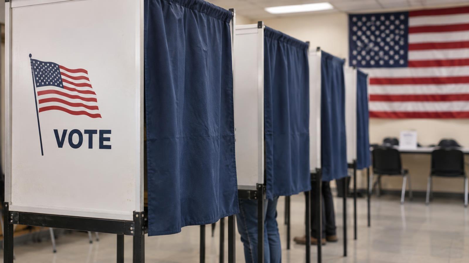 A row of voting booths with privacy curtains inside a polling place.