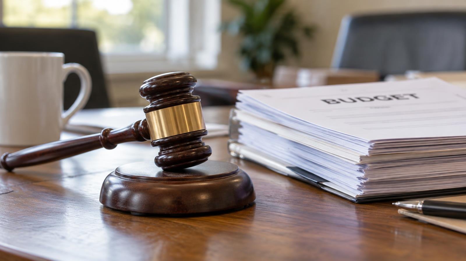A wooden gavel on its sound block beside stacked documents on a table.