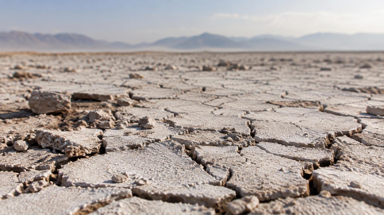 Cracked dry lakebed with white salt crust stretching to a hazy horizon.