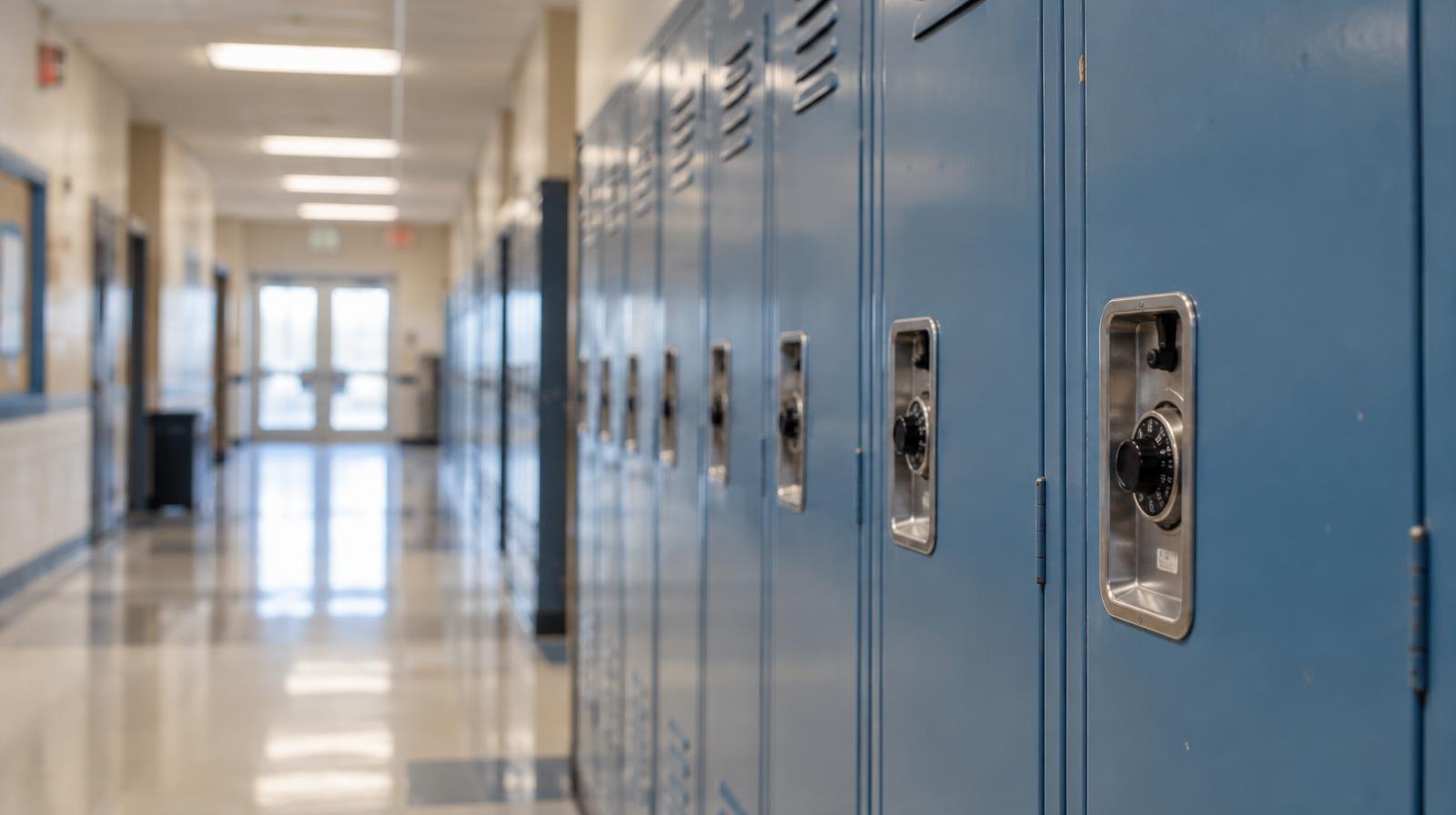 Empty high school hallway with rows of metal lockers on both sides.