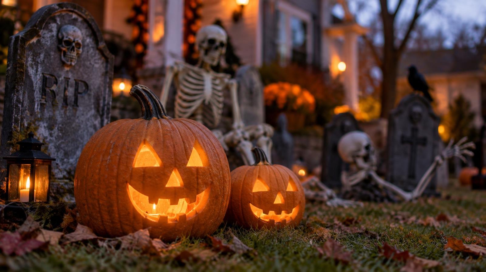 Halloween yard decorations including pumpkins, tombstones, and skeletons on a lawn at dusk.