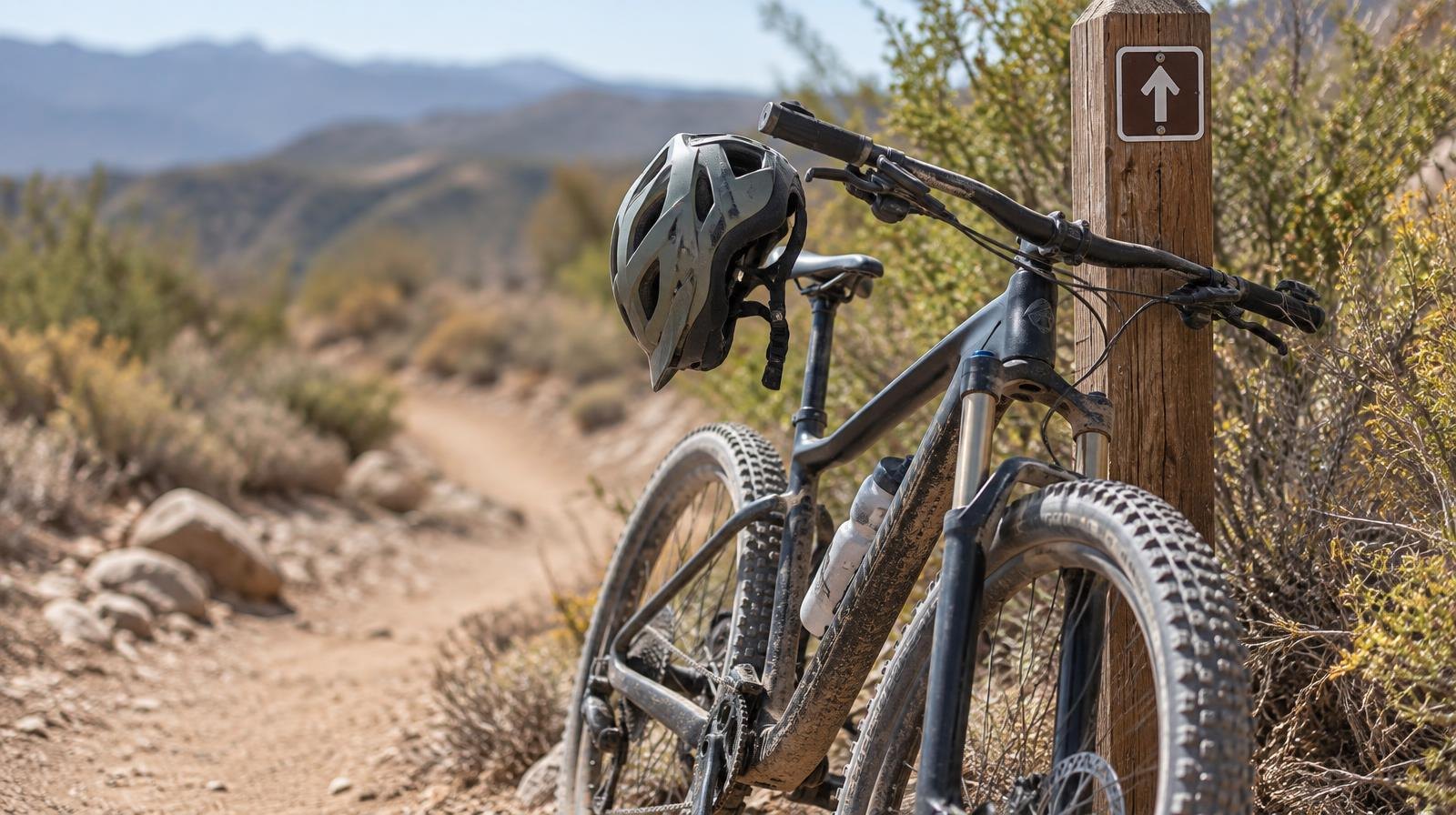 A mountain bike leaning against a trail marker post on a dusty dirt trail.