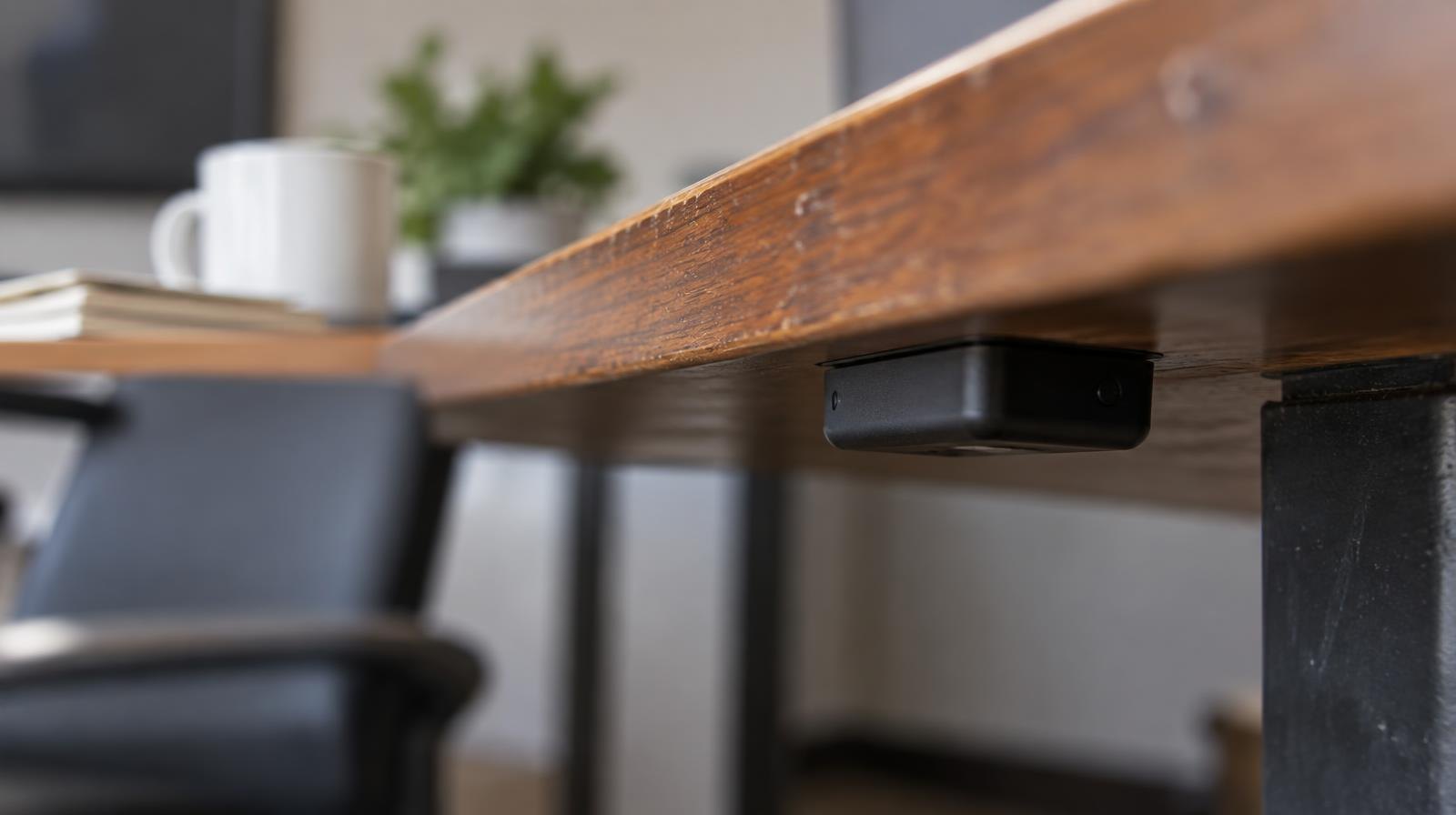 A small black electronic device hidden under the edge of a wooden desk.