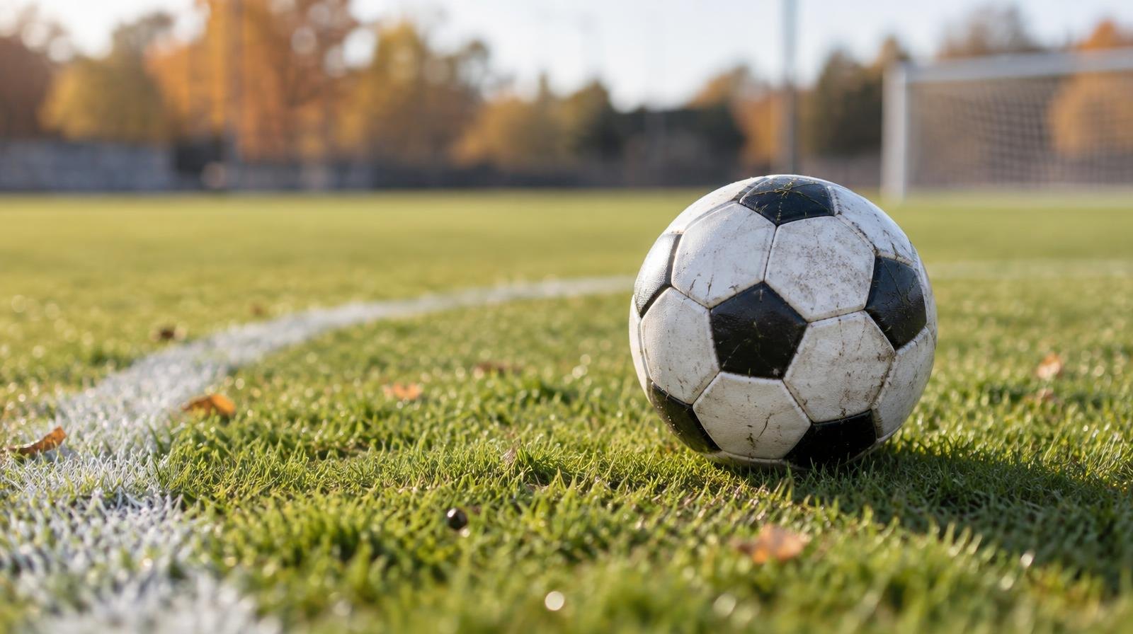 A black-and-white soccer ball resting on a green grass field near a white penalty arc.