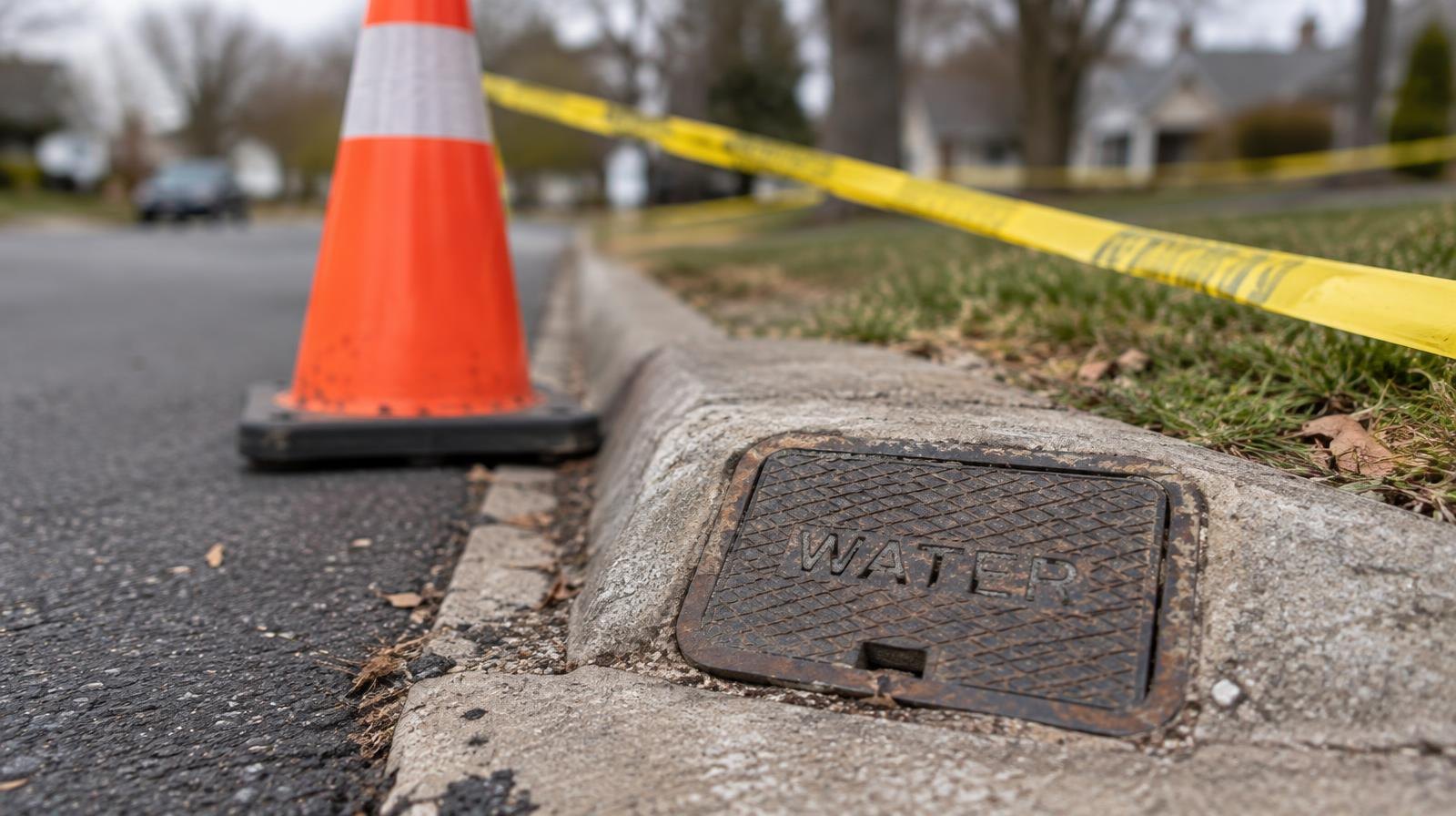 Water shutoff valve cover in curb beside an orange construction cone and caution tape.