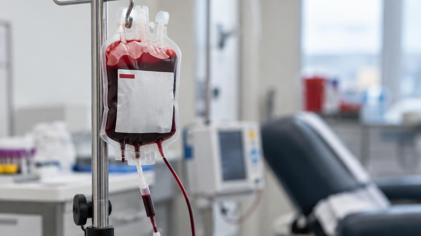 A blood-filled donation bag hanging from an IV stand with clear tubing.