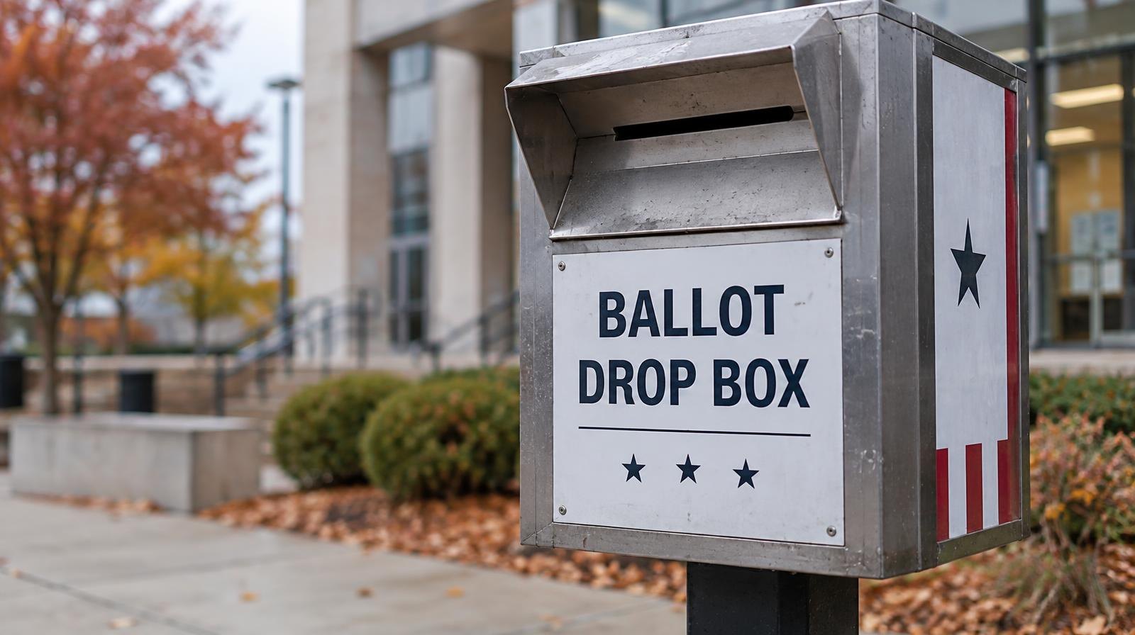 A metal ballot drop box on a post outside a building on an overcast day.