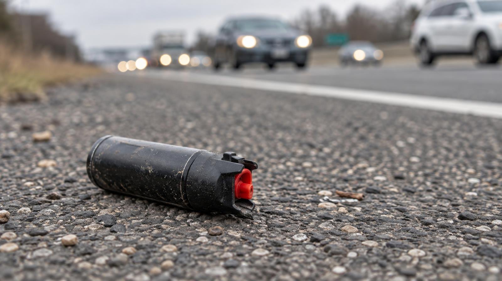 A small pepper spray canister resting on a highway shoulder.