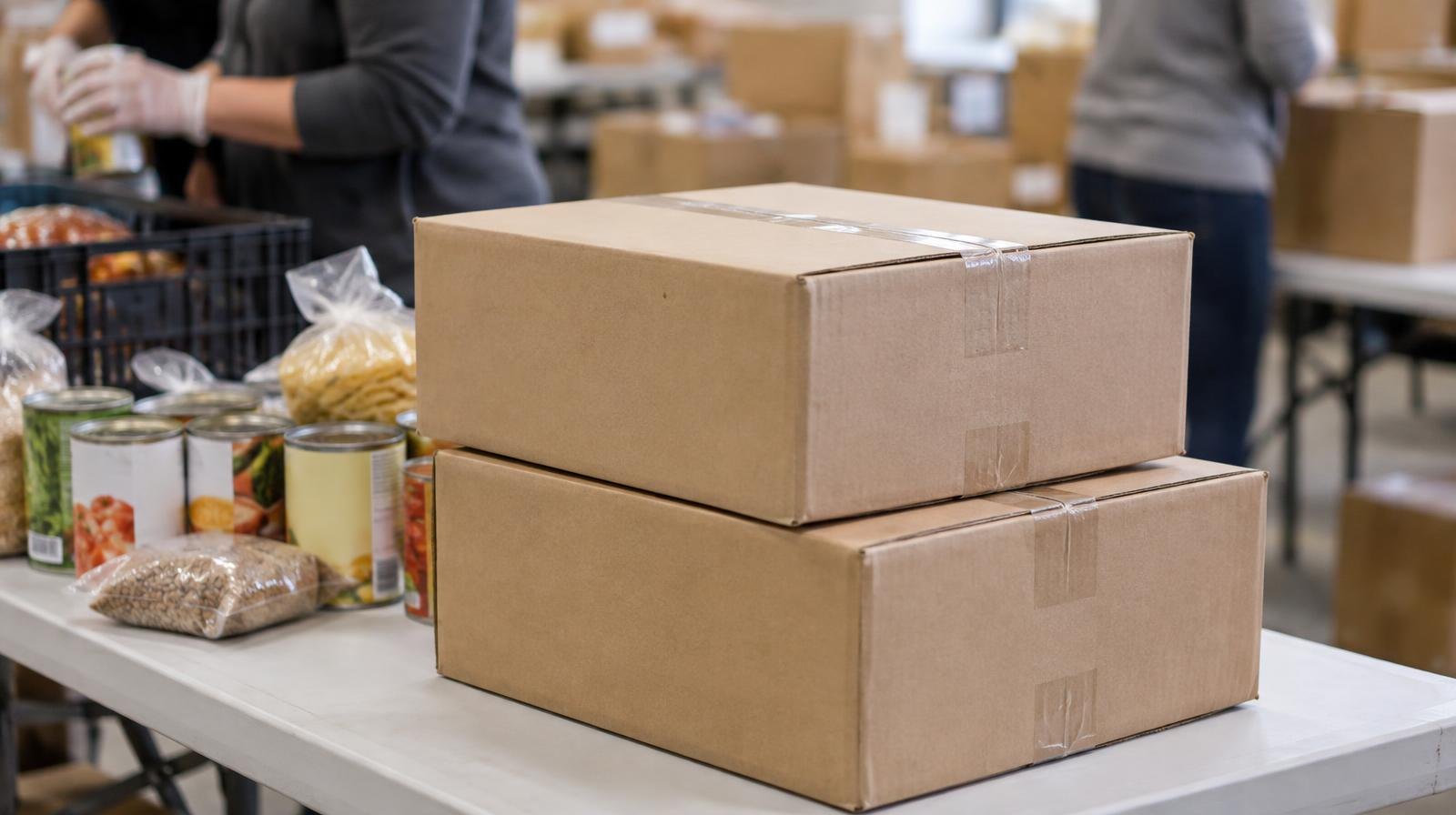 Stacked cardboard meal kit boxes on a folding table at a food bank packing station.