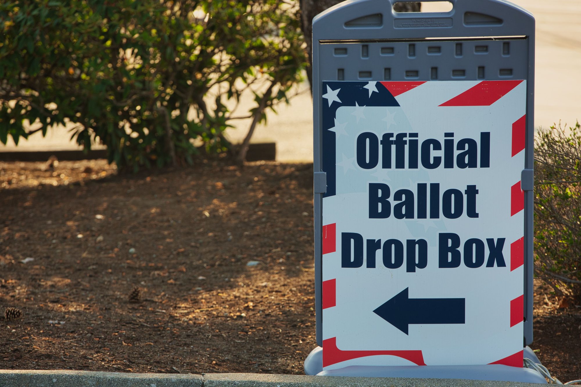 Photo of an official ballot drop box outside during election season.