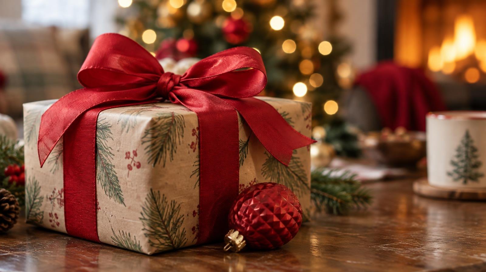 A wrapped gift box with a red ribbon bow on a wooden surface.