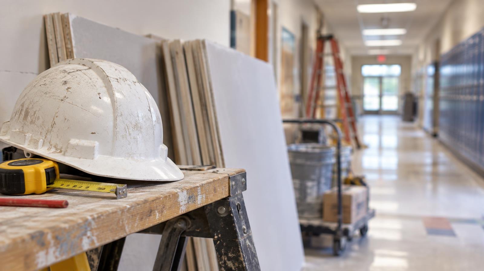Hard hat resting on a sawhorse beside fresh drywall in a bright hallway.