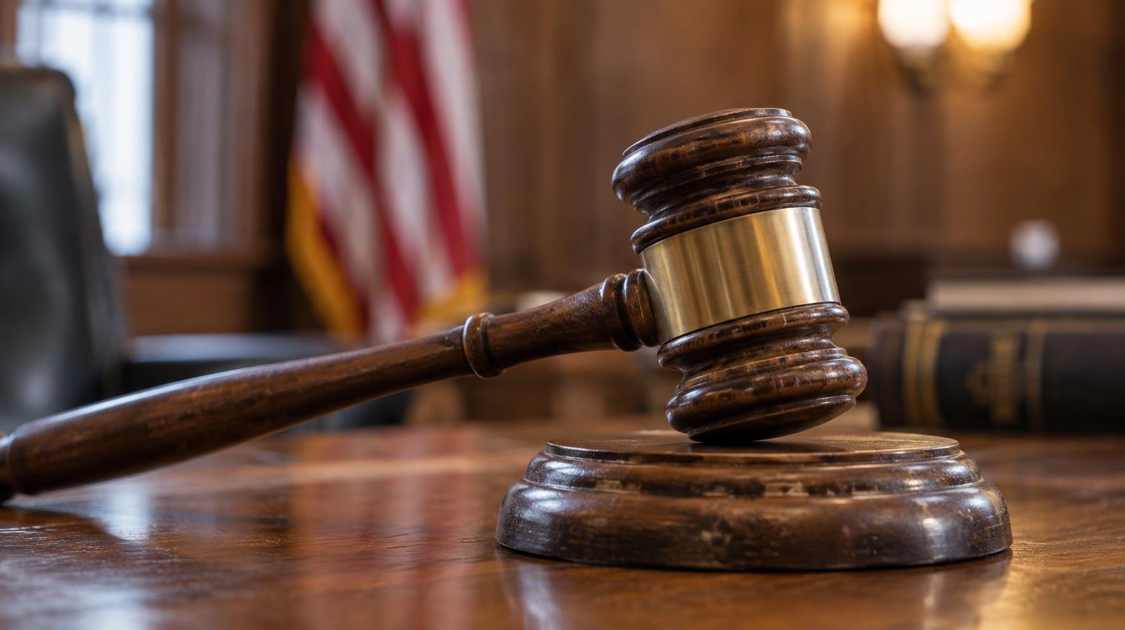 Wooden judge's gavel resting on its sound block on a polished surface.
