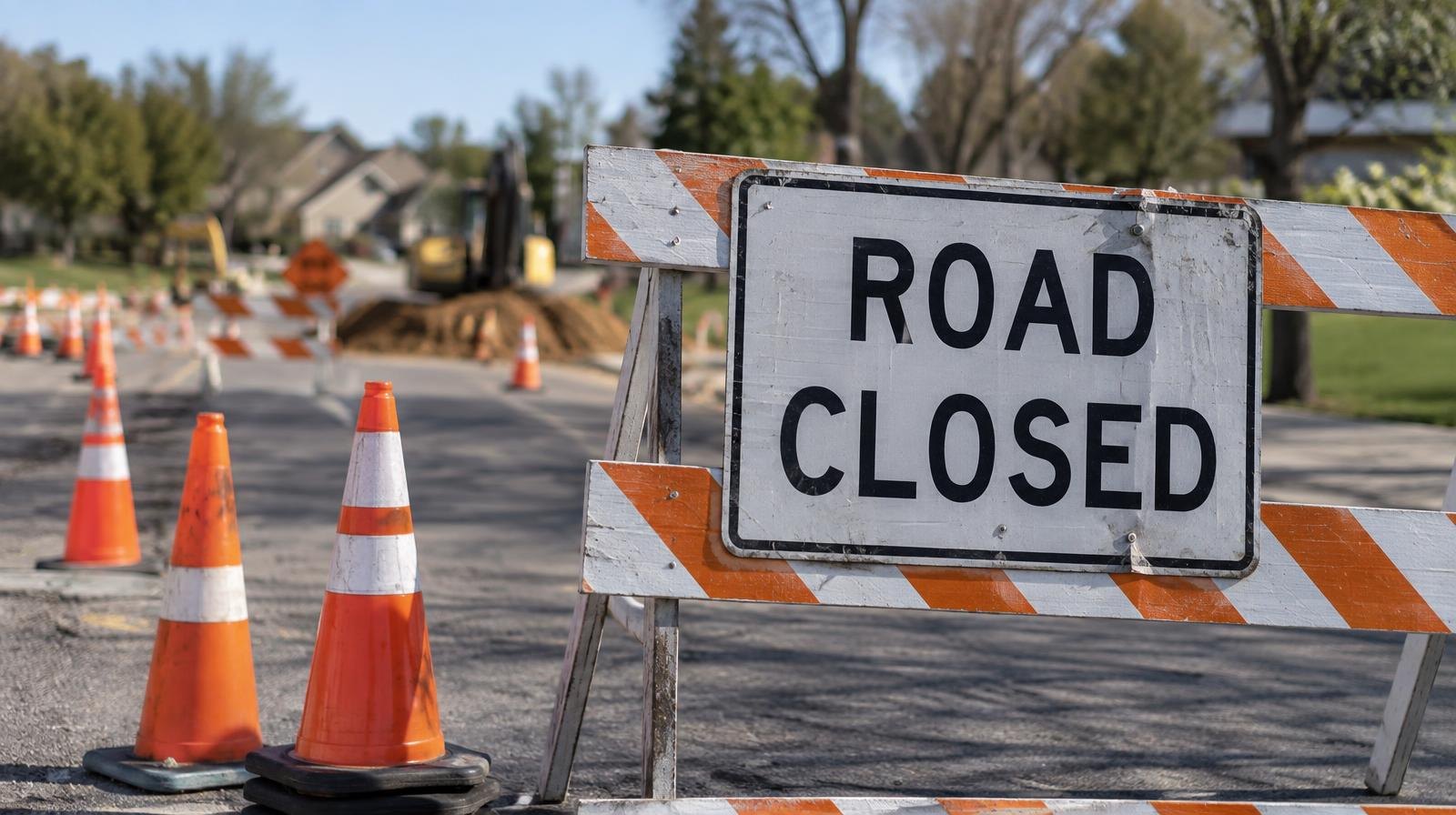 Orange barricades and traffic cones blocking a suburban street intersection.