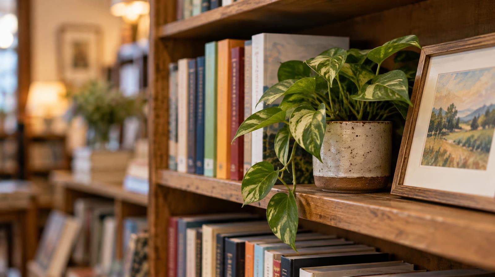 Colorful books arranged on a warm wooden bookshelf with framed artwork nearby.
