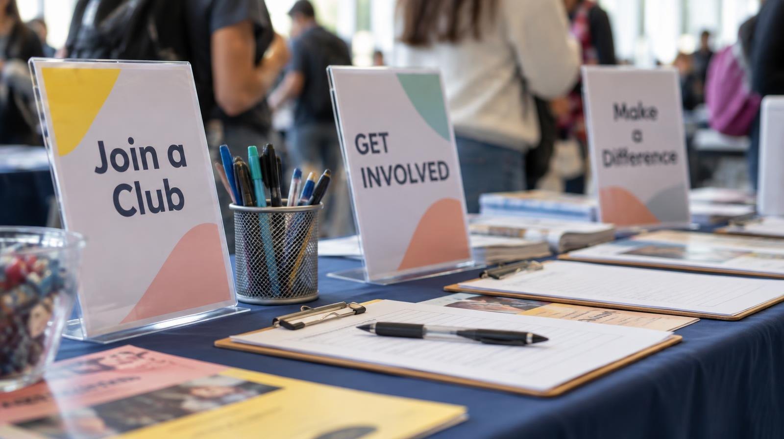 Colorful flyers and a pen arranged on a table at a school activities fair.