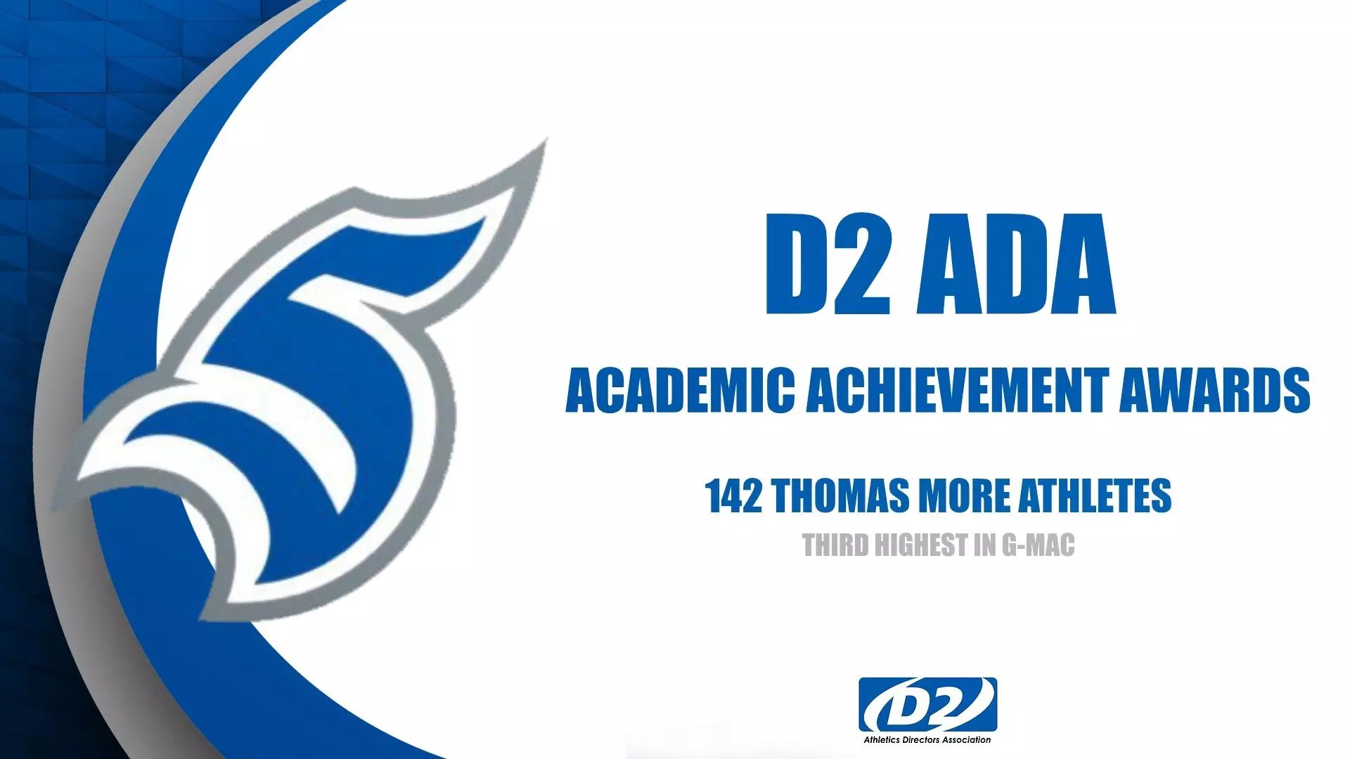 Branded graphic announcing 142 Thomas More athletes earned D2 ADA Academic Achievement Awards, third in G-MAC.