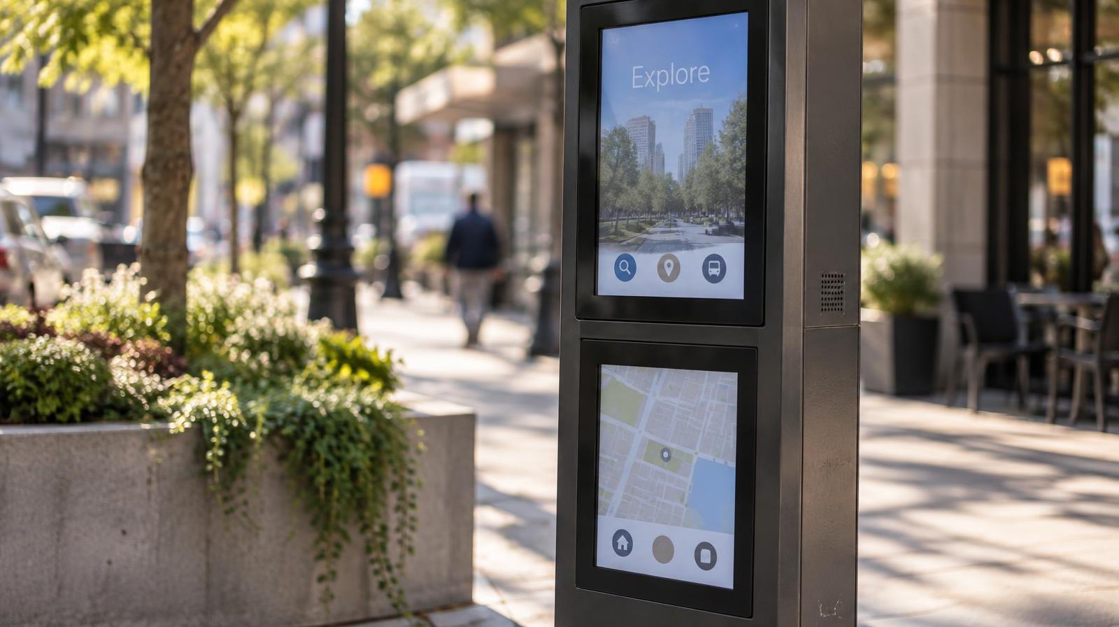 Tall slim digital kiosk with two touchscreens on a sunny sidewalk.