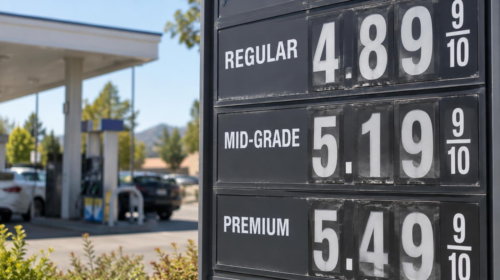 Gas station price sign showing per-gallon prices for multiple fuel grades in bright sunlight.
