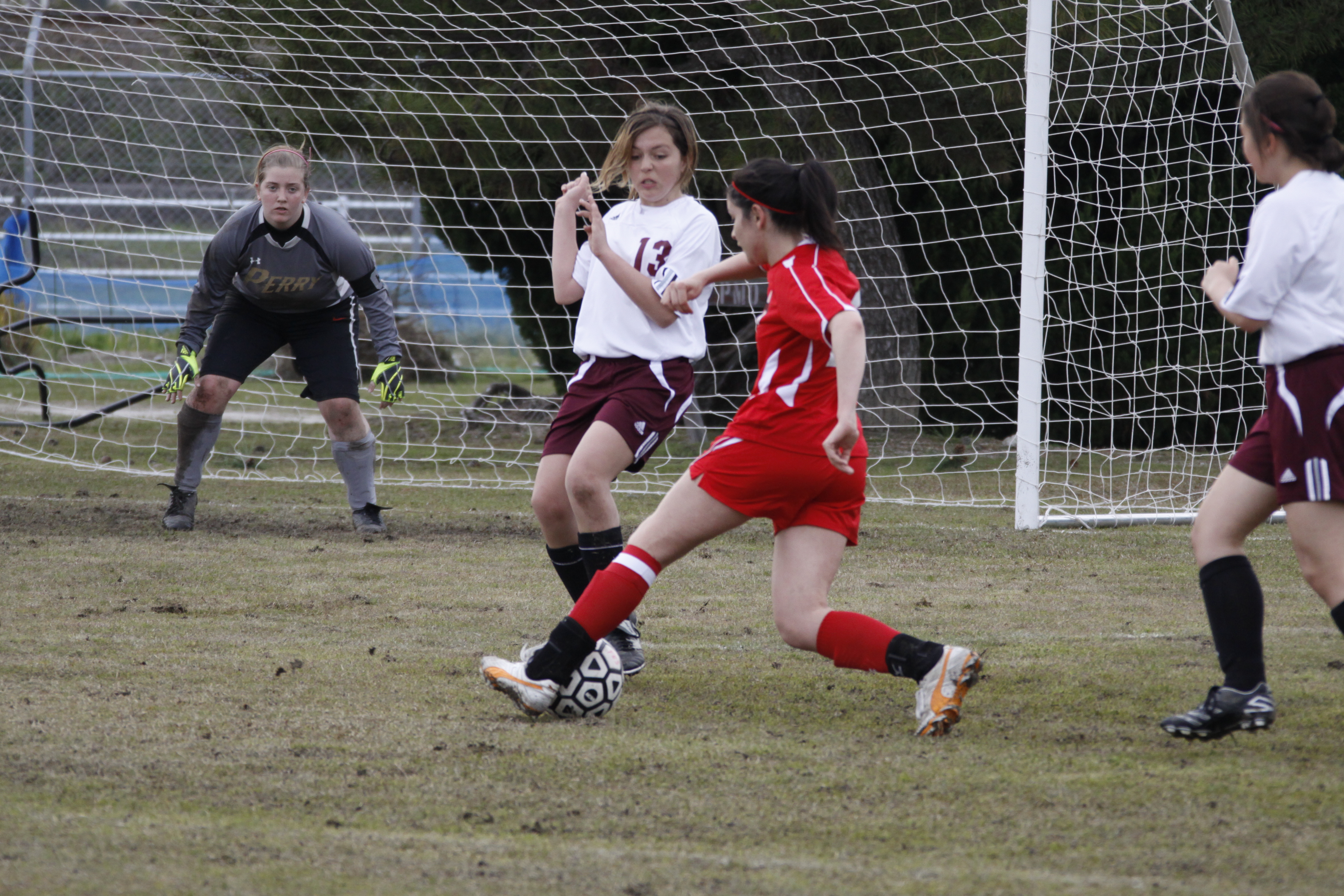 Female soccer players compete for the ball near a goal on a grass field.