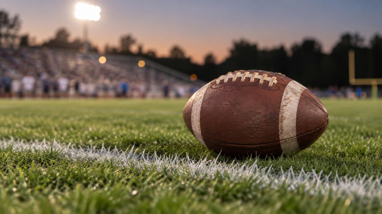 An American football resting on green grass near a white yard line under stadium lights.
