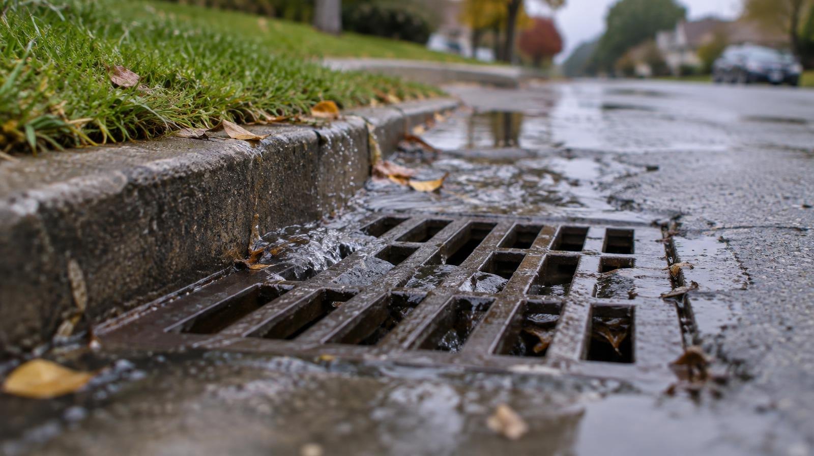 Steel storm drain grate in a wet street with water flowing into it.