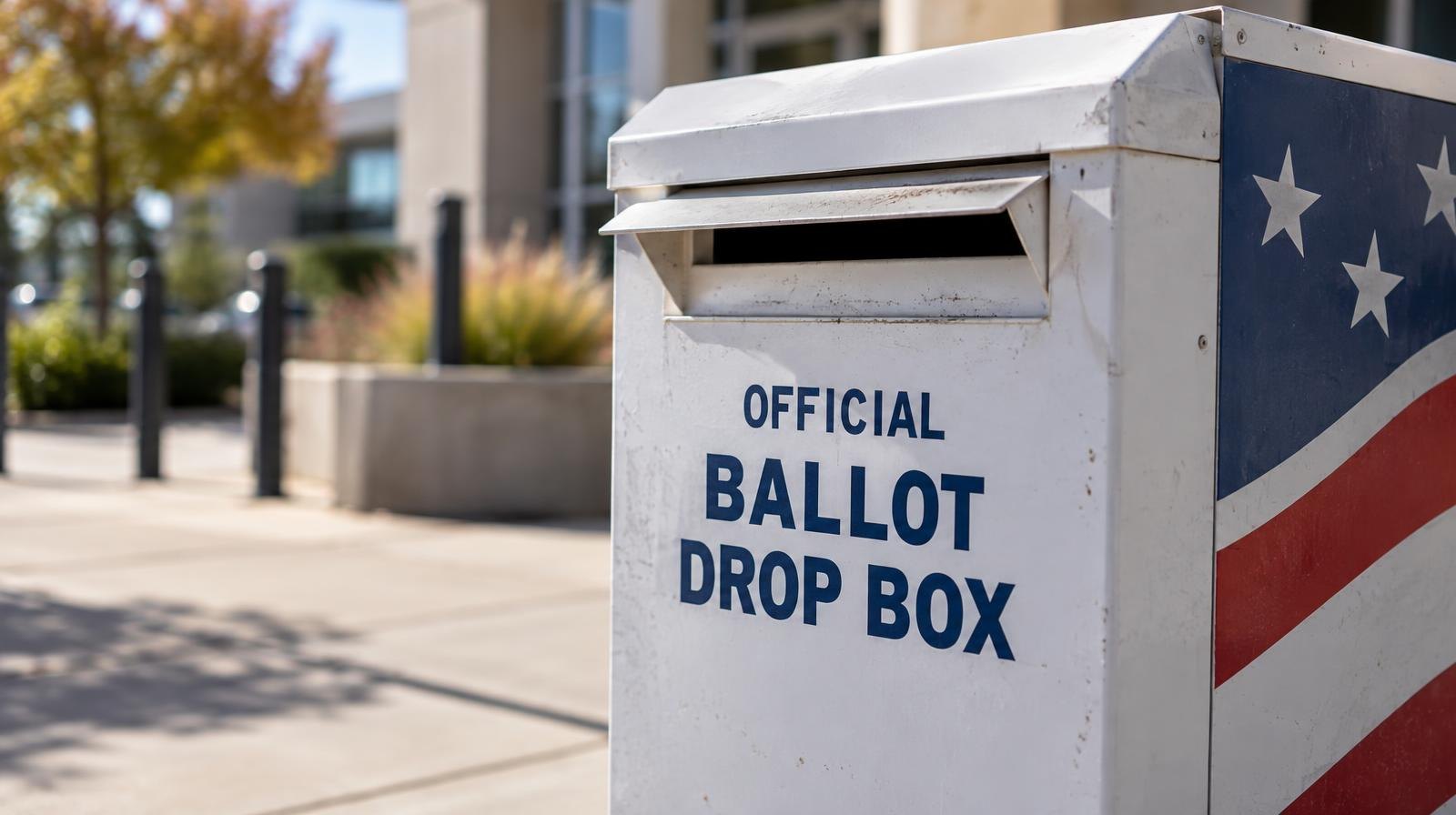 An official ballot drop box with an insert slot mounted on a sidewalk outside a building.