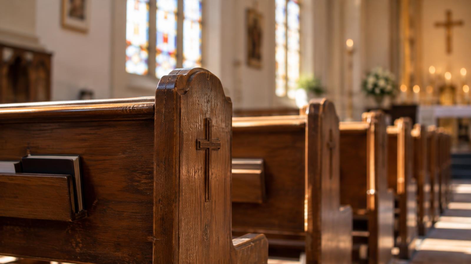 Rows of wooden church pews bathed in warm light from stained glass windows.