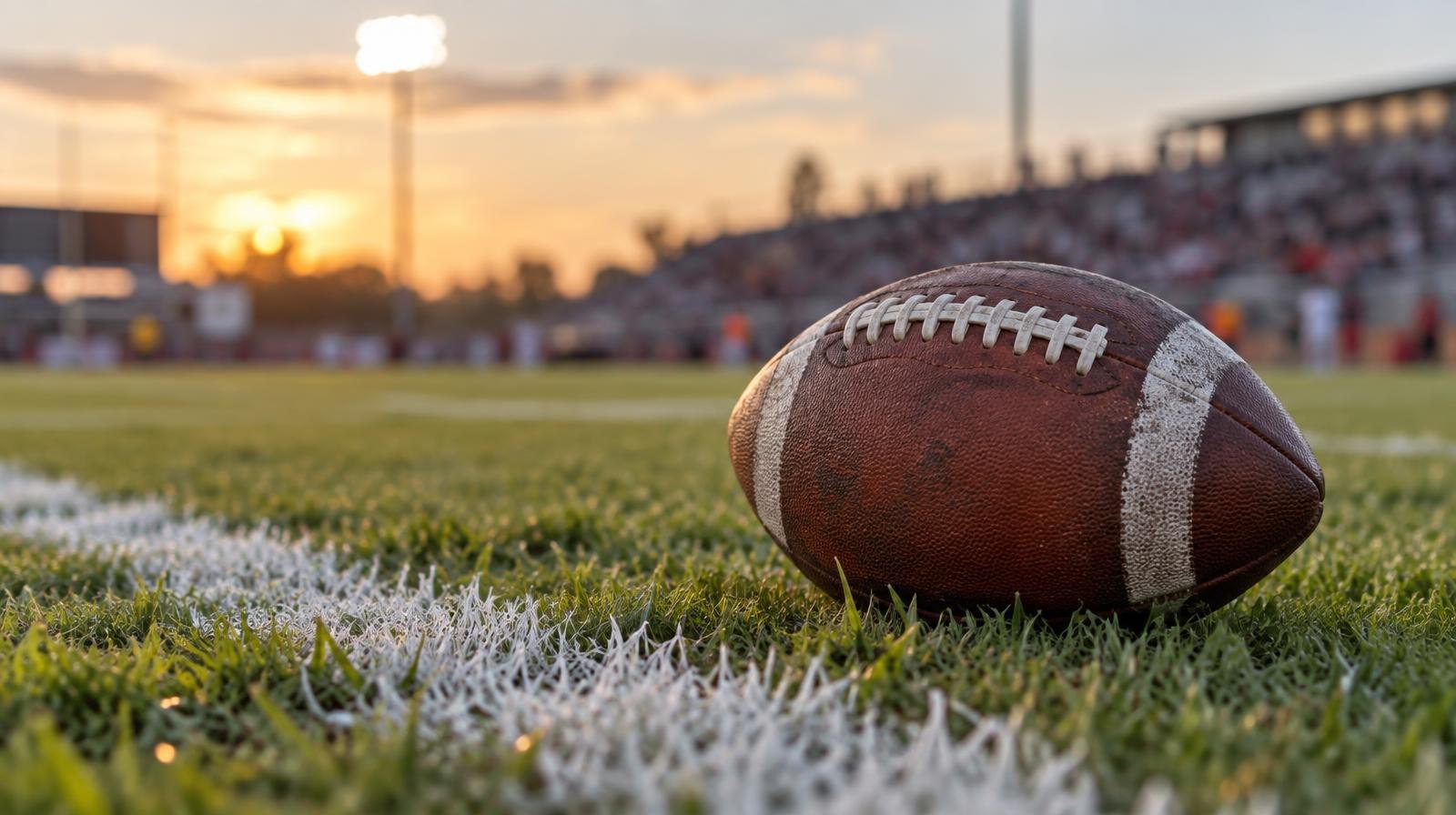 An American football resting on a grass field next to a white painted yard line.