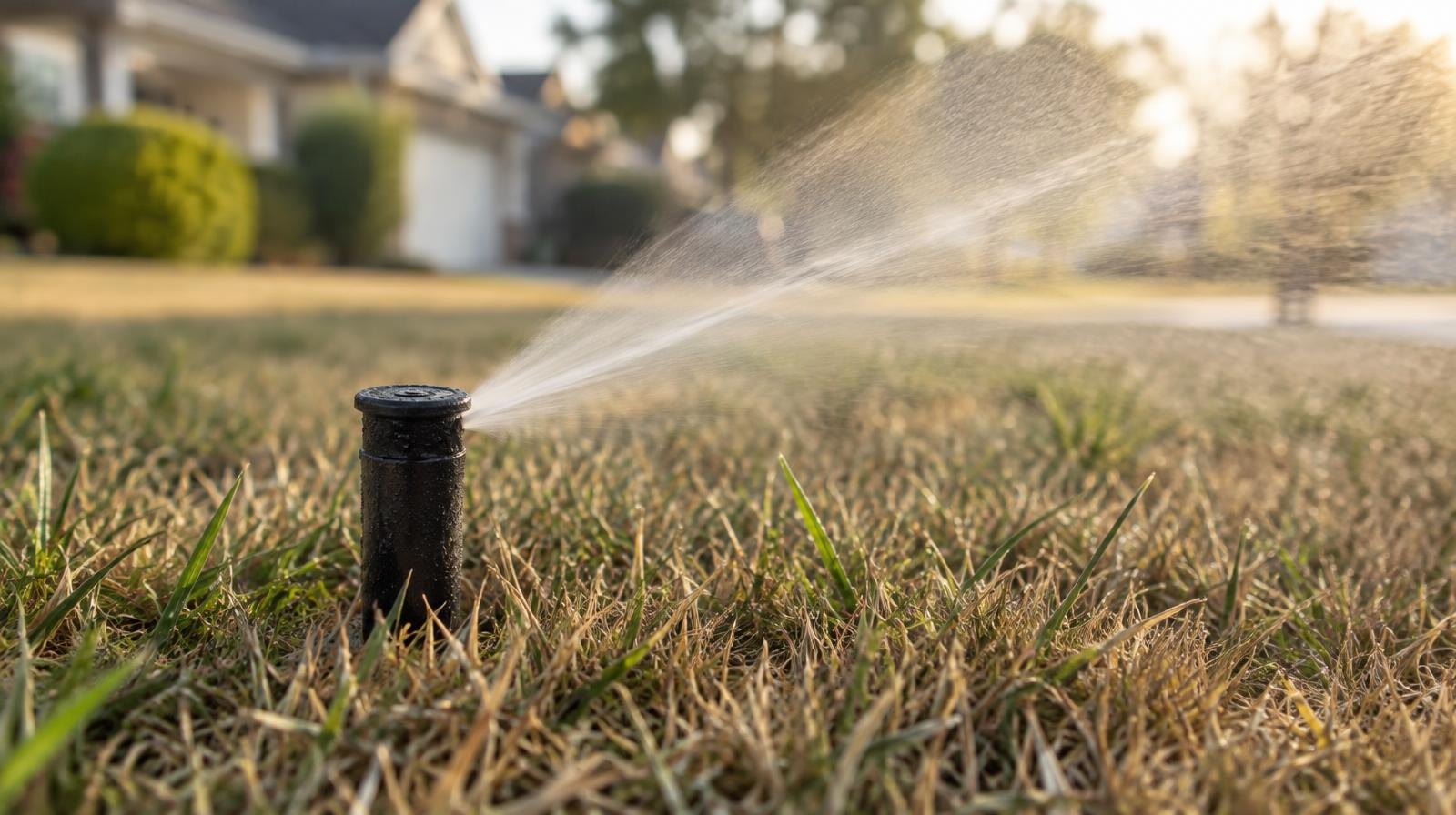 A sprinkler head sprays water over dry, browning lawn grass.