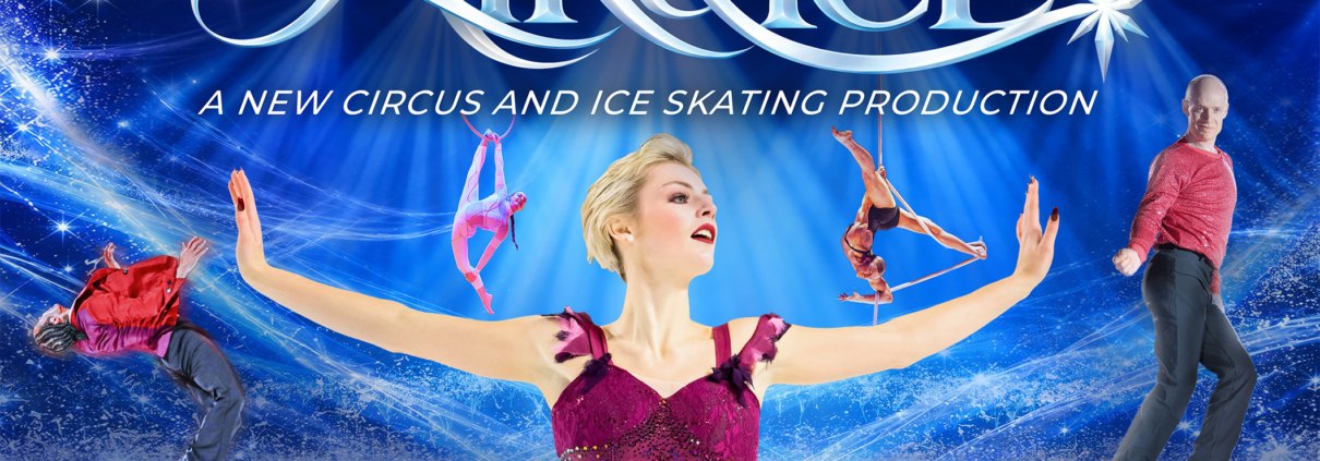 Promotional poster showing figure skaters and aerial acrobats on a blue starry background.