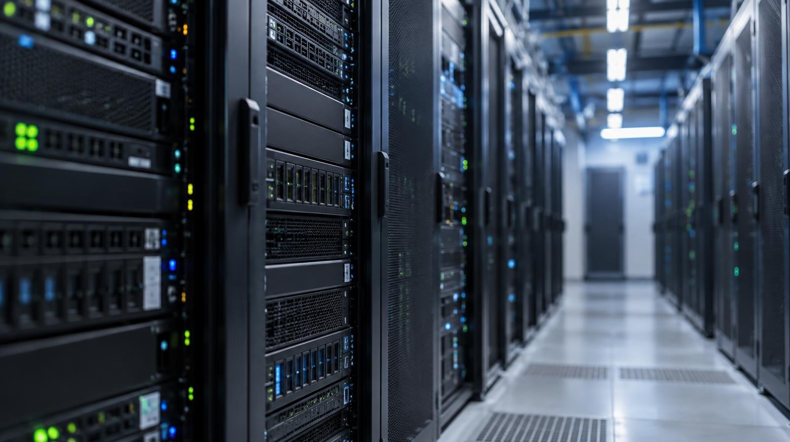 Black server racks with blinking lights fill a long data center aisle under blue ambient lighting.