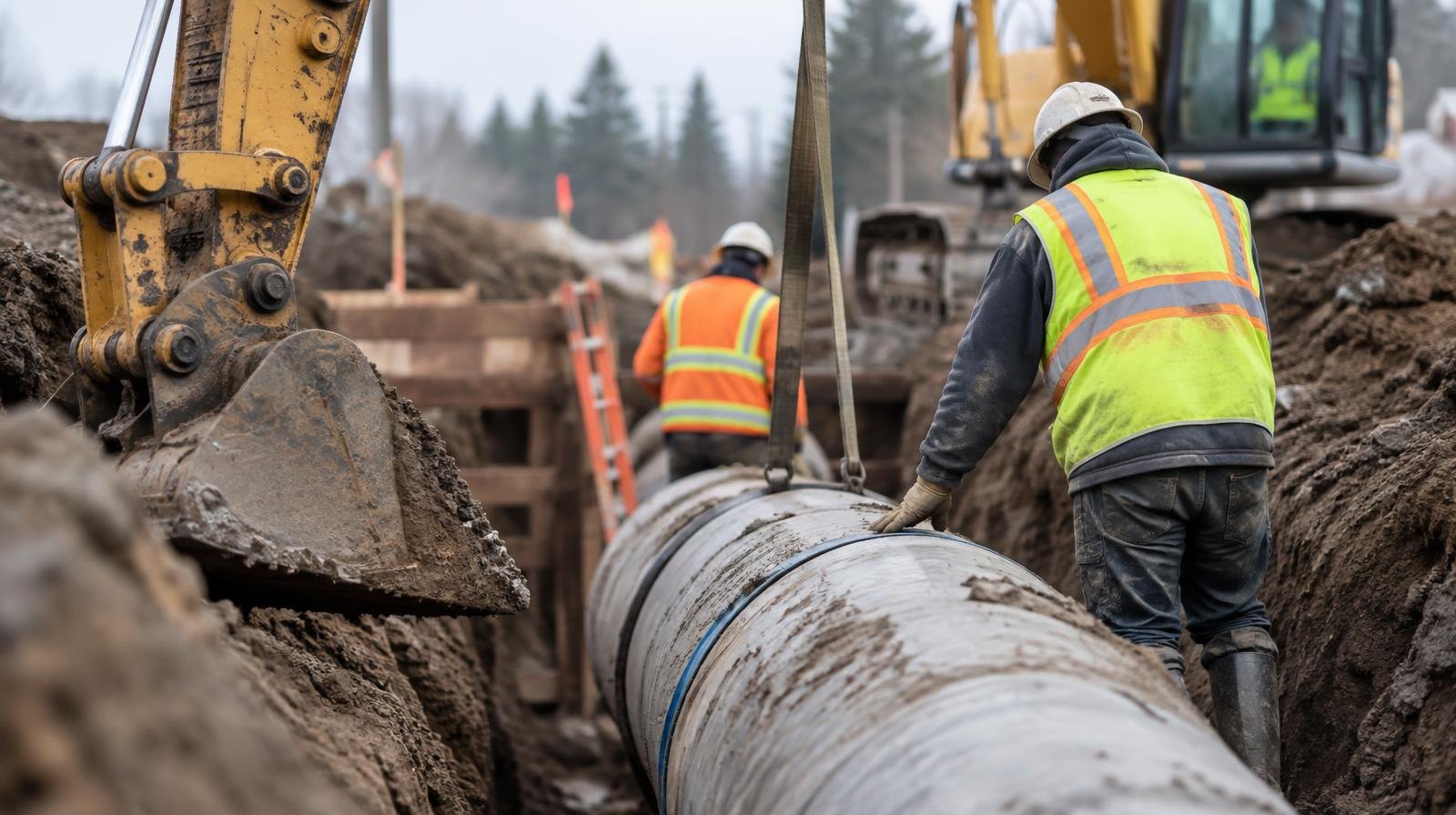Yellow excavator digging a deep pipeline trench at an outdoor construction site.