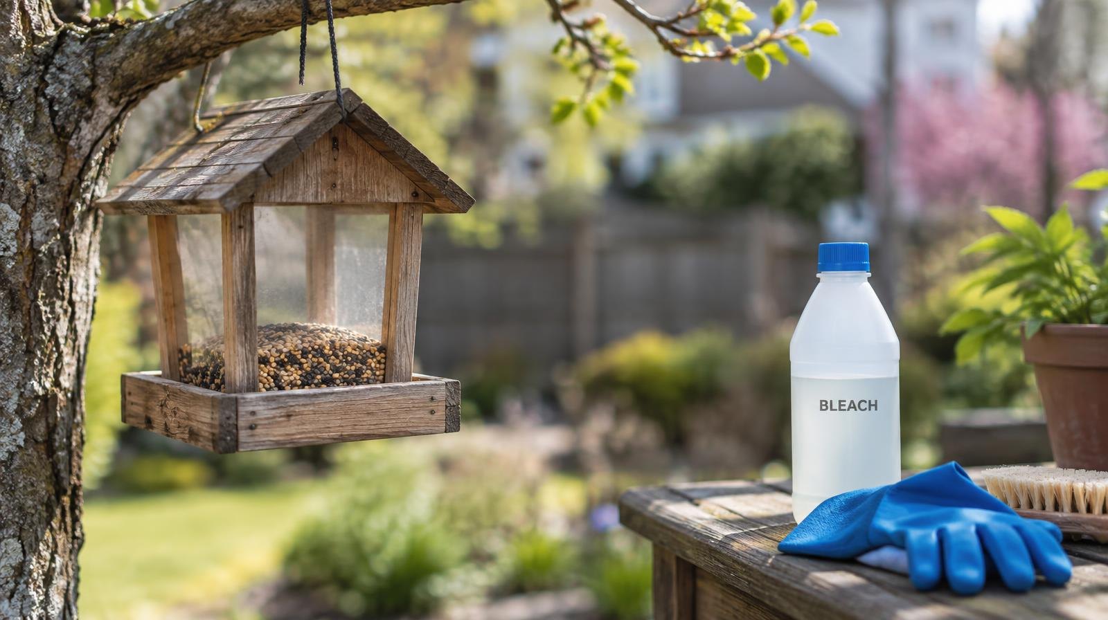 A wooden bird feeder hanging from a branch with rubber gloves and a cleaning bottle nearby.