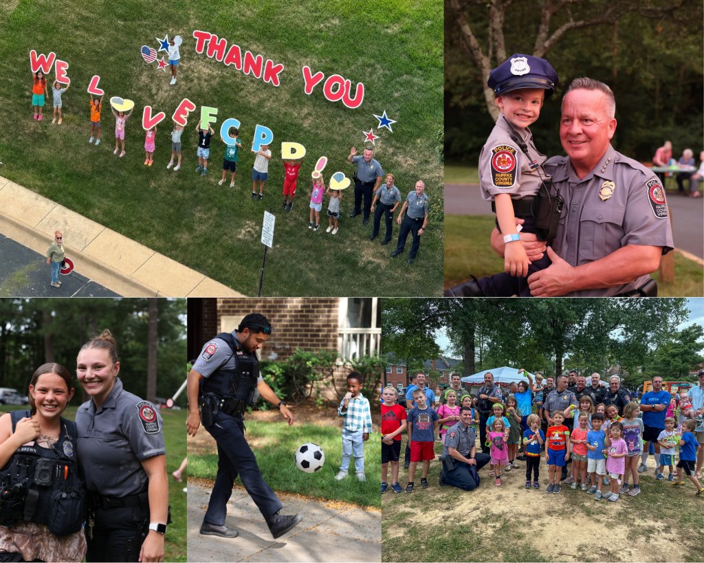 Collage of police officers interacting with children and families at outdoor community events.