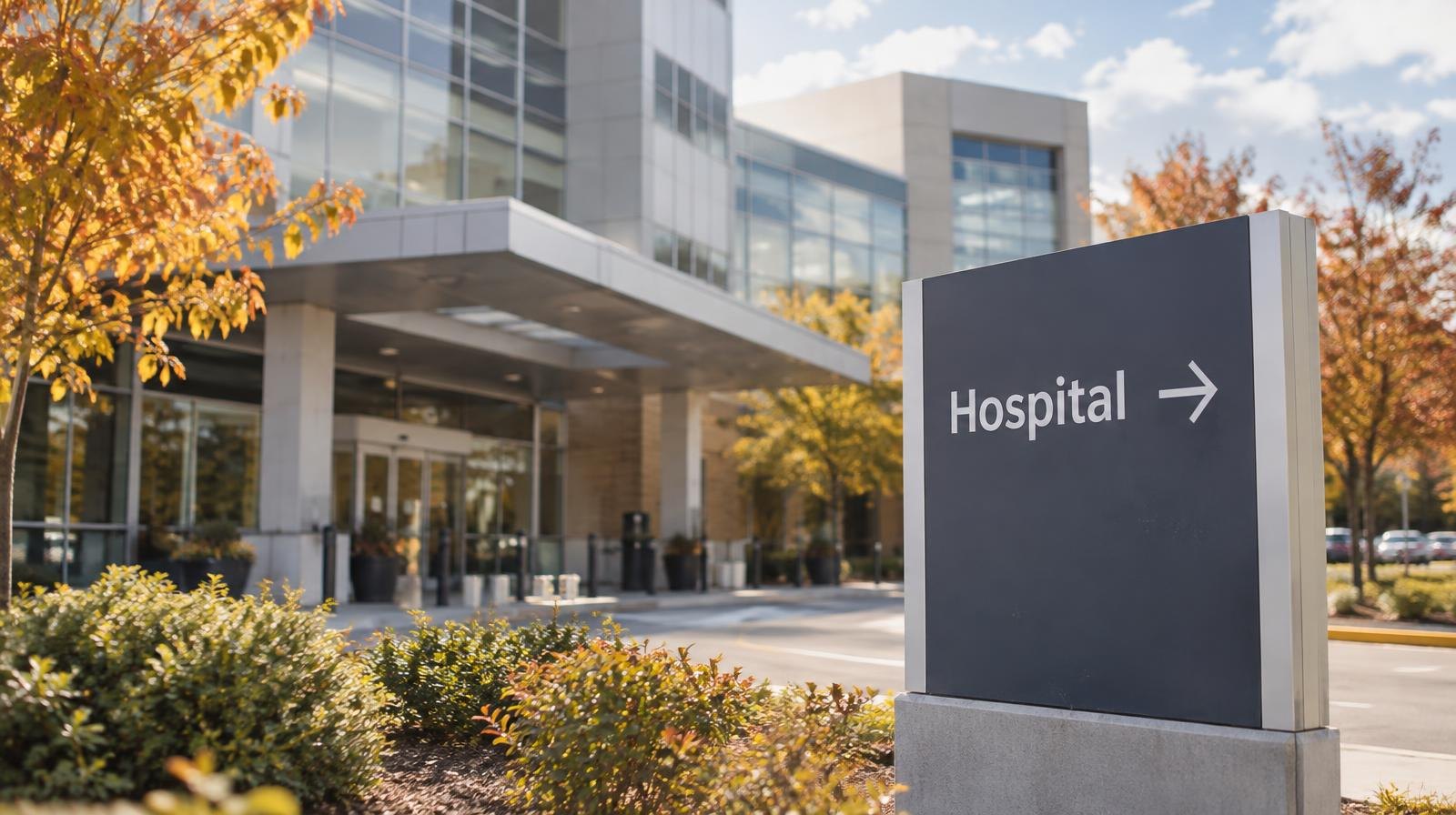 Modern hospital building exterior with large windows and tree-lined walkway.