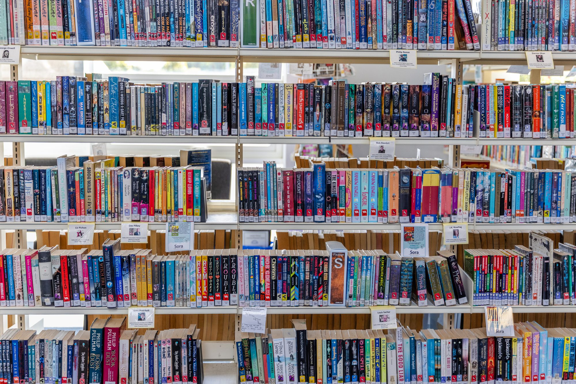 Large rows of books in a high school library photographed from directly in front, Newcastle upon Tyne, England, United Kingdom