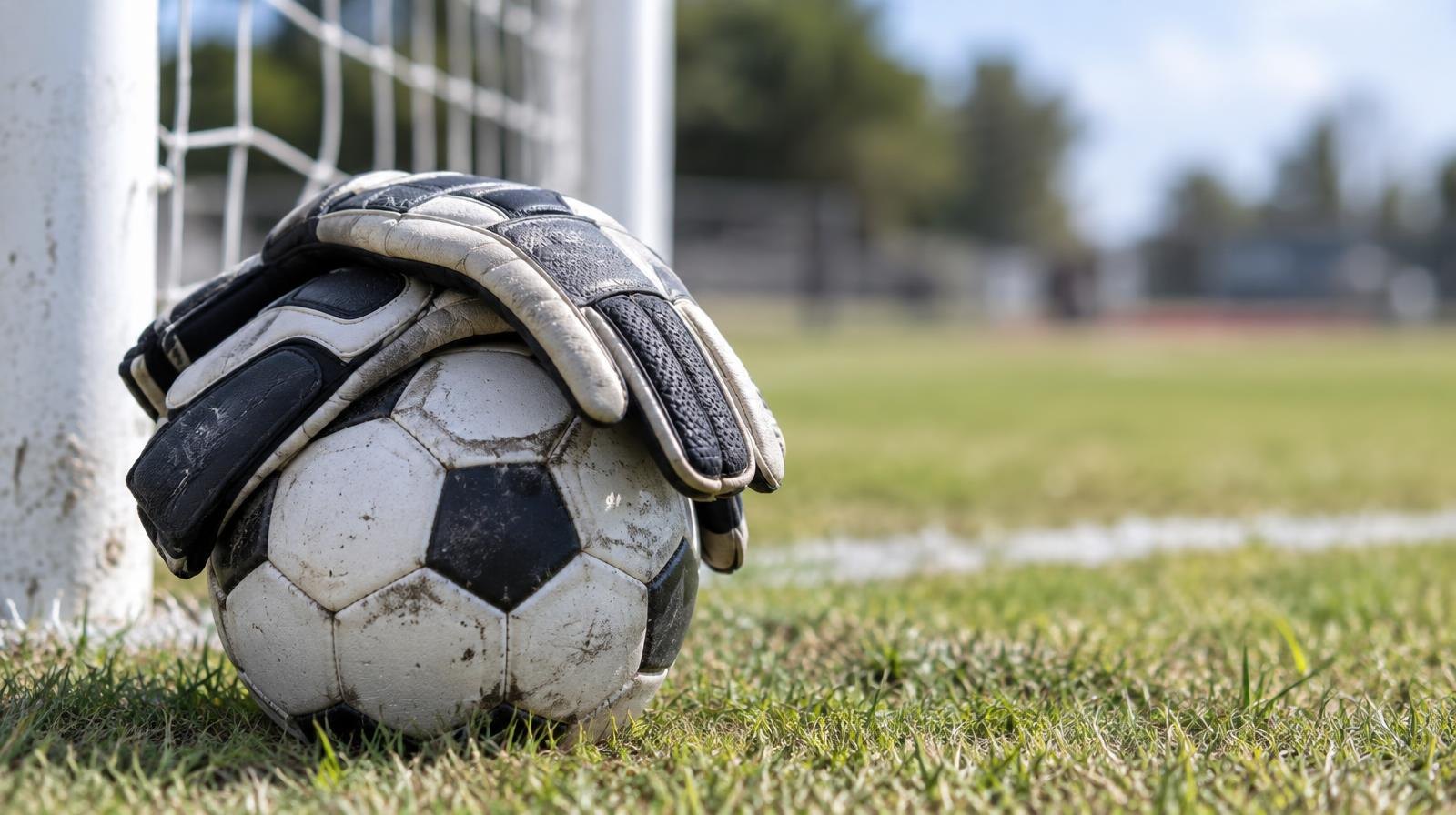 Soccer goalkeeper gloves resting on a ball near a goal post.